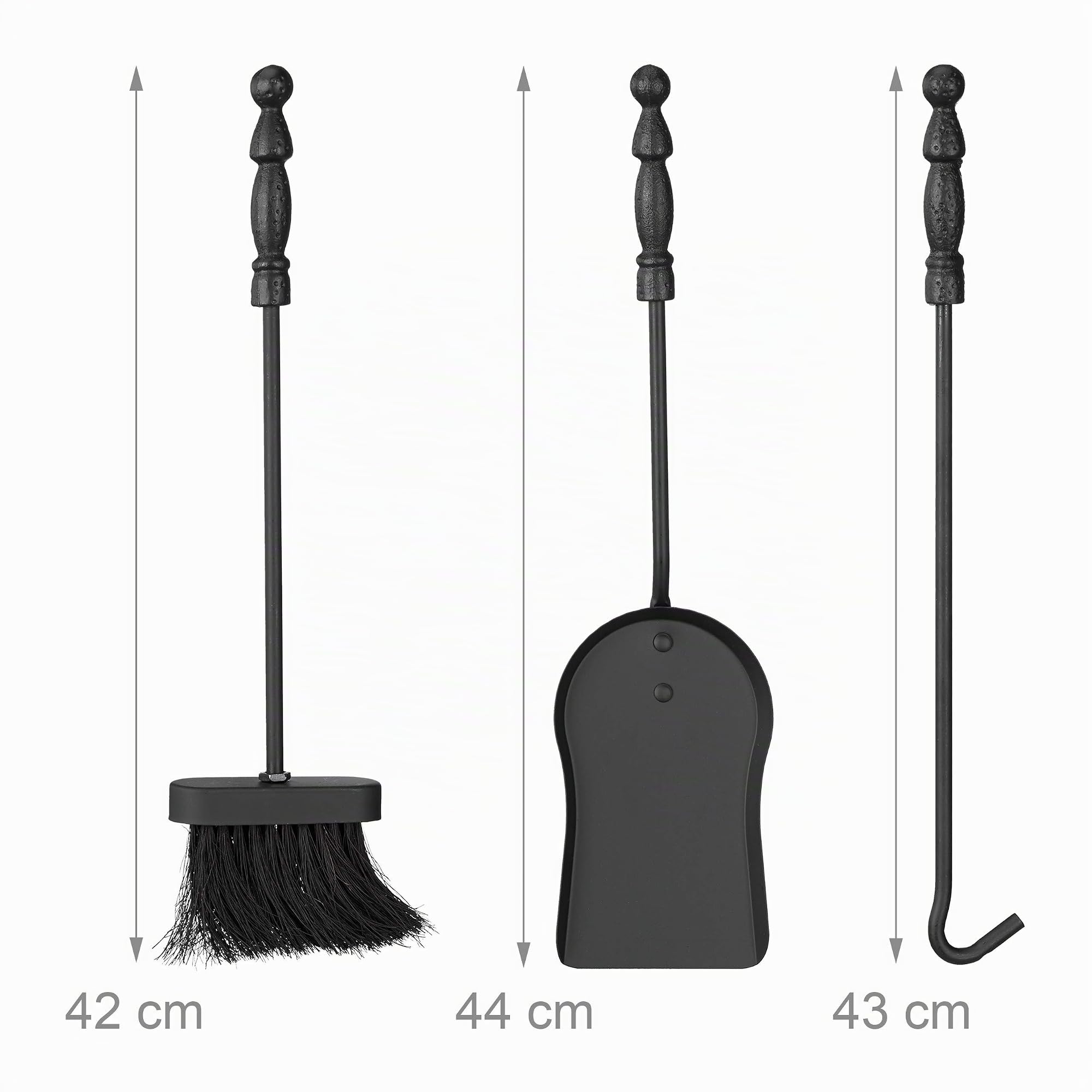Relaxdays Accessori da Camino con Cavaliere, Set da 4, in Ghisa, Paletta, Scopino, Attizzatoio e Porta Attrezzi, Nero