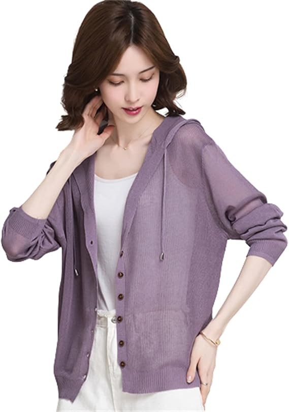Amazon カーディガン Uvカット 冷房対策 アイスシルクニットカーディガン 薄手 無地 柔らか 透け感 薄 フード付きブラウス 魅力 長袖 きれいめ 日焼け 紫外線対策 通勤 コーデ万能 お出かけ デート 大人 小物 パープル カーディガン ボレロ 通販