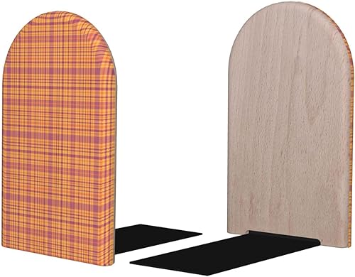 Book Ends for Shelves 1 Pair - Retro Light Yellow Plaid Print Wood with Metal Base Bookends for Heavy Books, Book Stand Organizer Holder for Books