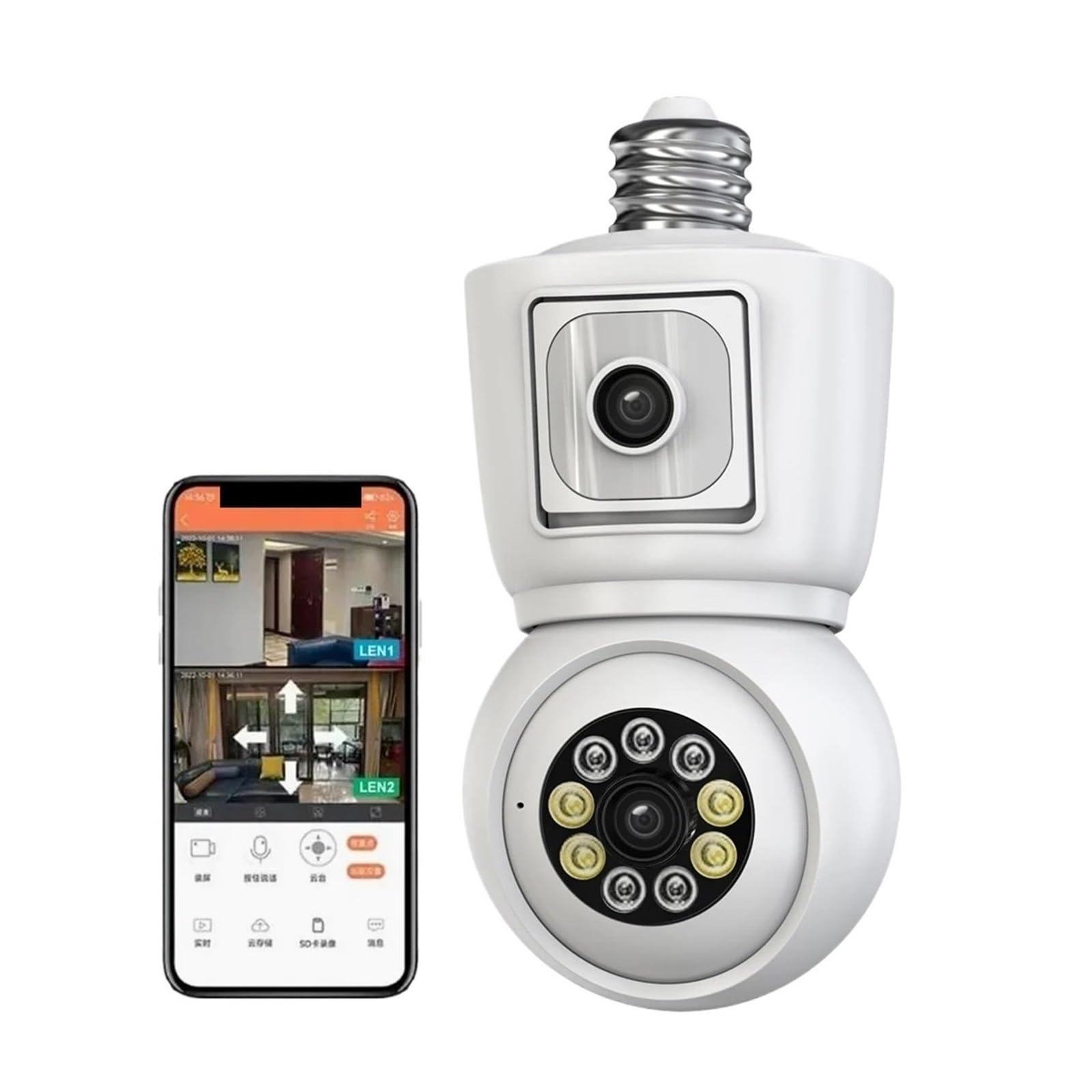 Caméras de sécurité, Caméra ampoule 4K 8MP E27, double objectif, double écran, suivi automatique, Audio bidirectionnel, Vision nocturne couleur, caméra de sécurité extérieure(4MP Add 128G Card)