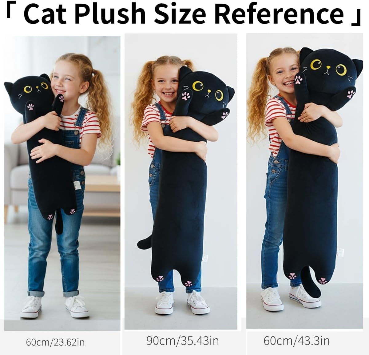 Long Cat Plush, Soft Black Cat Pillow Cute Stuffed Animal Toy Hugging Pillow Birthday for Kids Adults (110cm/43.31inch)
