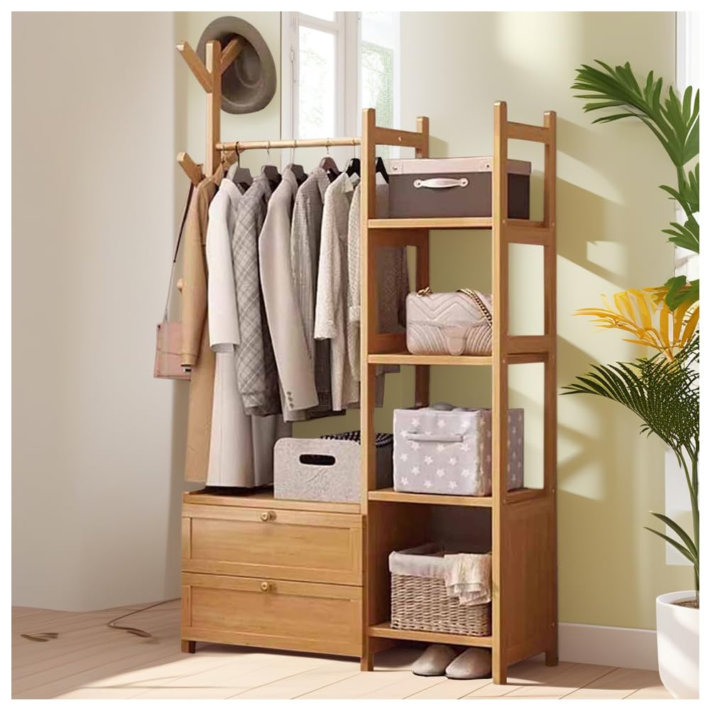 Bearqun Wood Color Wooden Coat Rack Stand, Coat Rack With Shoe Storage, With Shelves And Hooks, Aximum Load Of 100 Kg, Industrial Style, For Bedroom, Hallway And Entryway : 50/70/80/100Cmx30cmx158cm