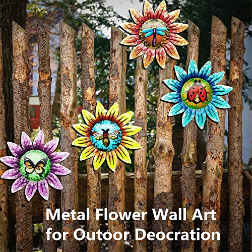 Gaofan Metal Flower Outdoor Wall Sculpture, Bee/Butterfly/Dragonfly/Ladybug On The Flower Core, Hanging Home Decoration, For Bedroom, Living Room, Farmhouse #TOP3