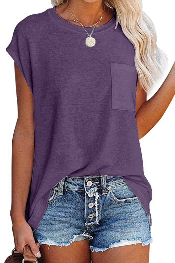 isermeo Womens Summer T Shirts Loose Fit Cap Sleeve Side Split Summer Tops with Pocket S-XXL