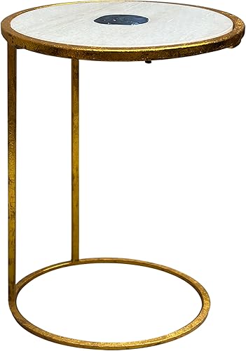 Miniatura 4 de The Urban Port Mesa auxiliar redonda de 20 pulgadas, parte superior de mármol blanco con incrustaciones de piedra de ágata azul, marco de hierro con