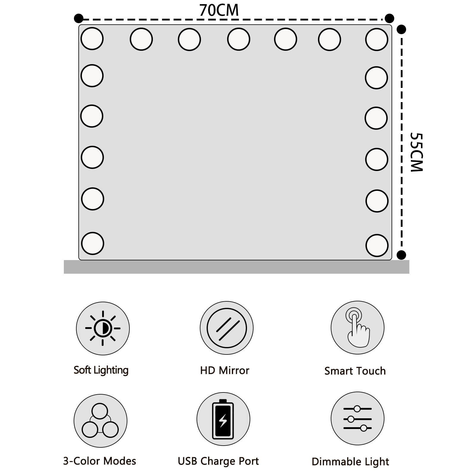 Espejo de Maquillaje con Iluminación LED 17 Luces, Espejo de Tocador Hollywood con Control Táctil y 3 Modos de Temperatura, Espejo de Mesa Grande con Luz LED y Aumento 10X -70x55cm