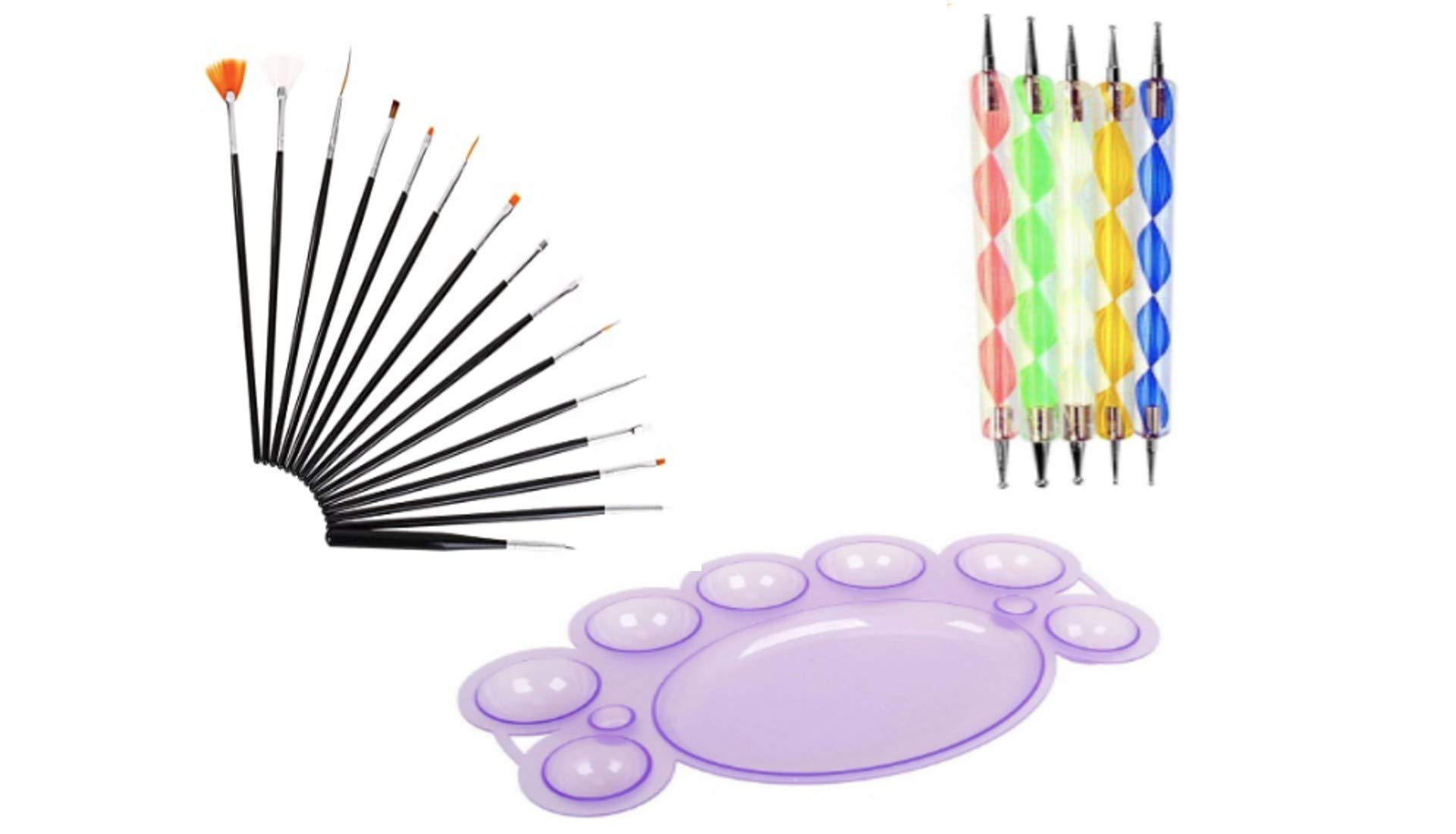 Gugzy® 15pc Nail Art Painting Brushes with Palette Dish and 5pc Double ended dotting pen set,Professional Nail Art Tools Set for Natural,False,Aacrylic and Gel... (Black Silver)