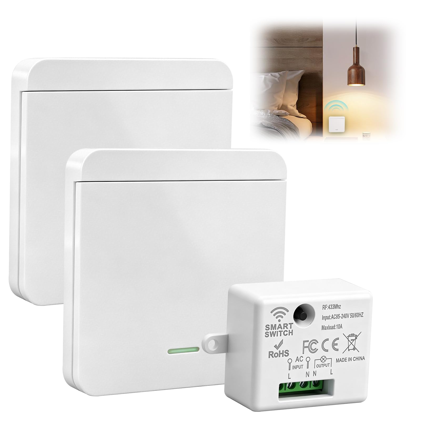 Interruptor de luz Inalámbrico Kit Interruptor Luces Inalambrico 230V Interruptor de Seguridad con 2 Transmisor RF y Controlador Receptor 10A Alcance 50m No Requiere Cableado para Lámpara Hasta 2300W