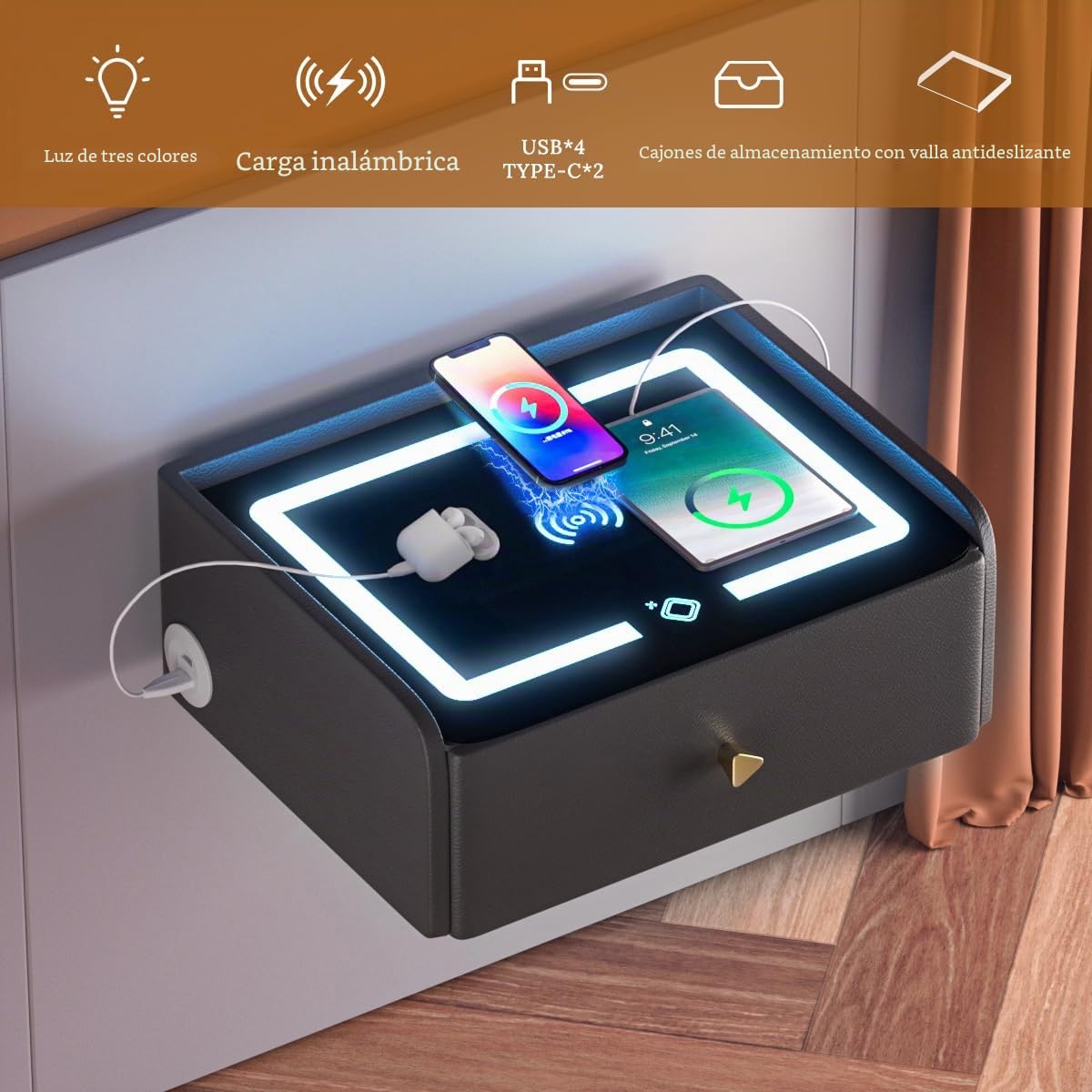 Mesita de noche colgante con estante de pared y cajón, opciones de muebles de dormitorio inteligentes para jóvenes adultos, negro