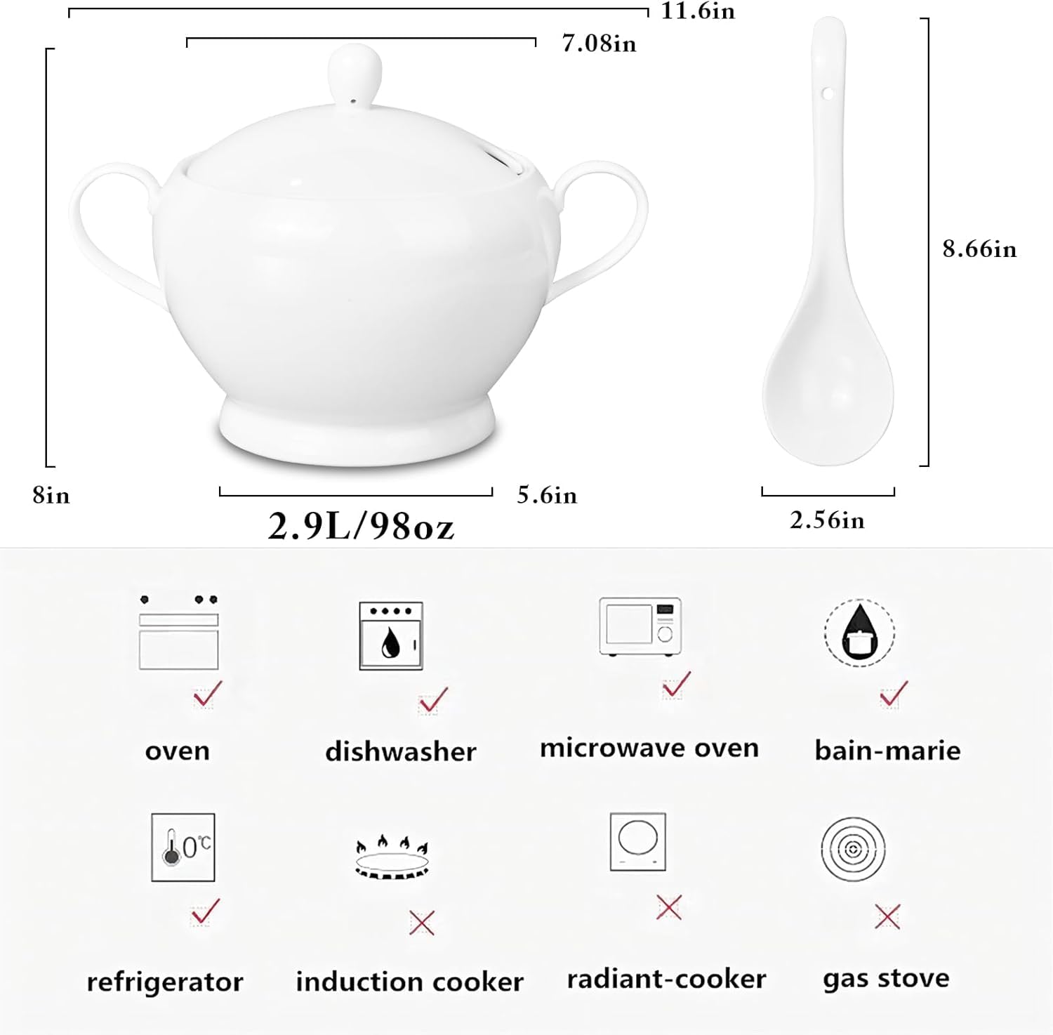 Soupière en céramique avec couvercle et louche - Grande capacité - 2,8 l - Avec poignées - Pour la maison, la cuisine, le dîner - Passe au micro-ondes et au four - Blanc