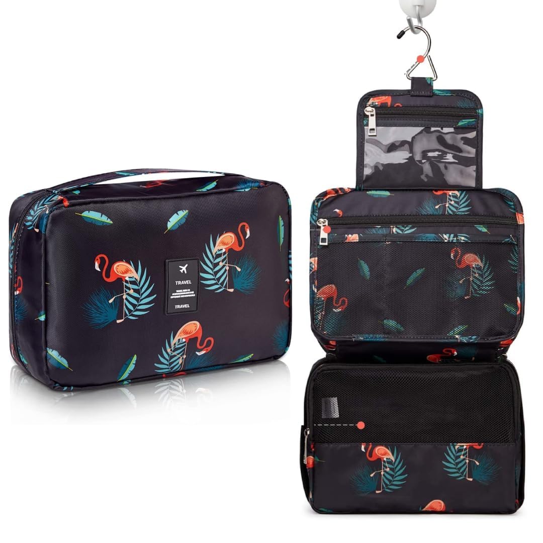 Travel Hanging Toiletry Bag – Large Waterproof Makeup & Shaving Kit Organizer for Men & Women | Portable Cosmetic Pouch with Hook & Multiple Storage Compartments (Black Flamingo Print)-image-47