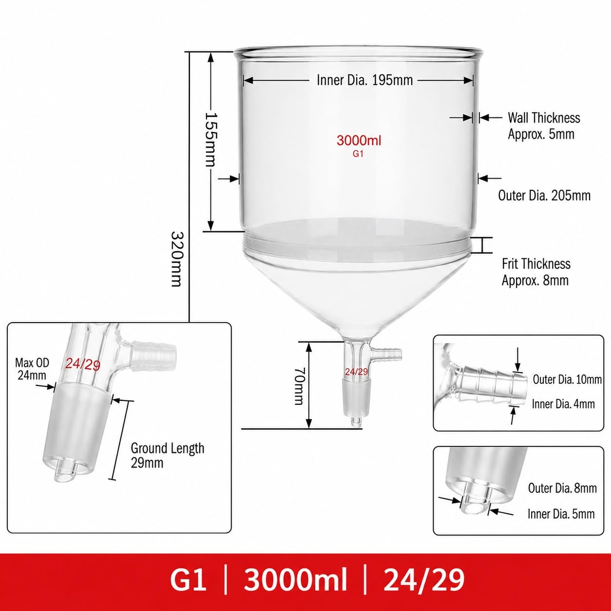 Lejek Filtrujący G1 Spiek Piaskowy Szkło Borokrzemowe Szlif 24/29-3000ml