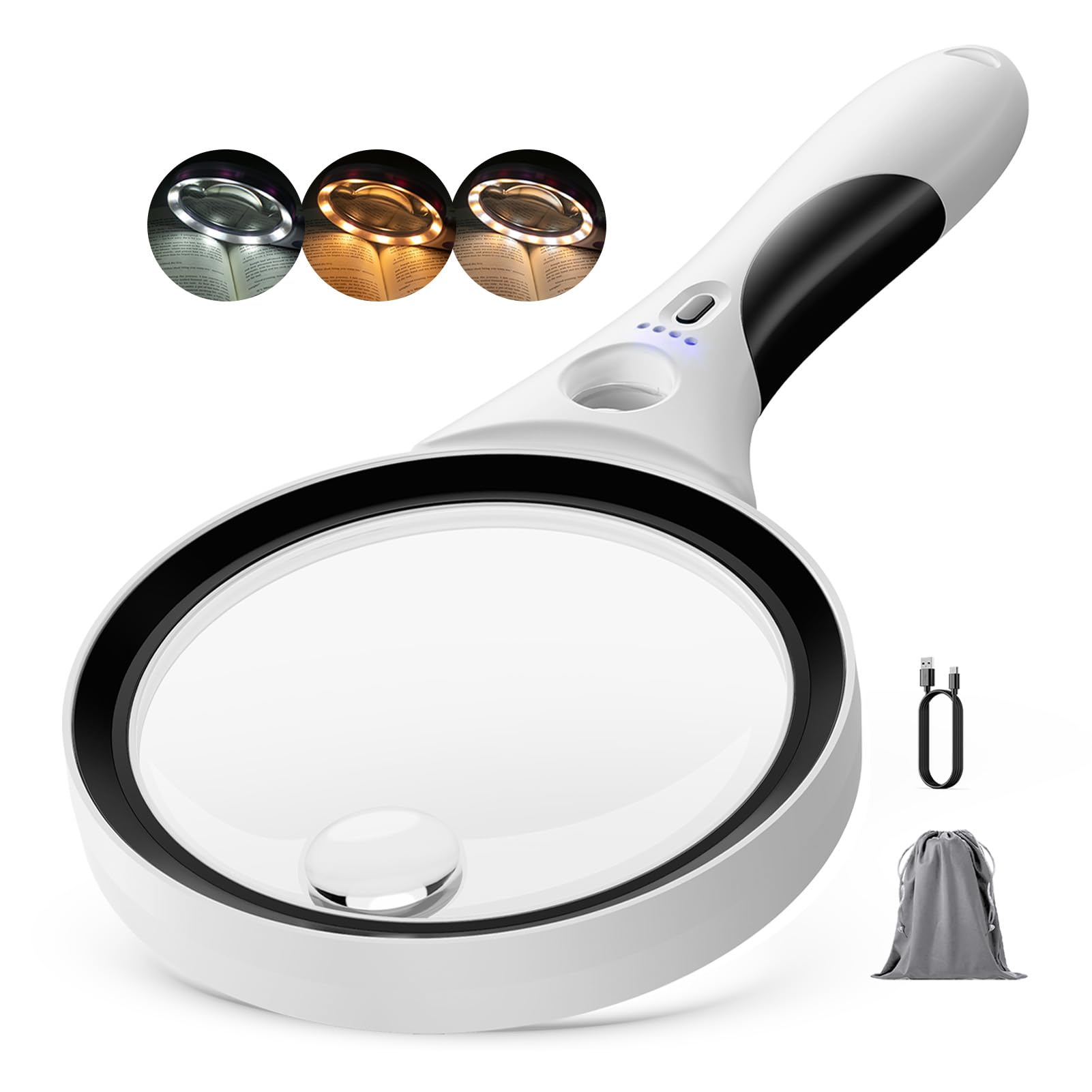 Rechargeable Magnifying Glass with Light - Recant Illuminated Magnifier Handheld Lighted Magnifying Glasses with 18LED Cold & Warm Light 3 Modes for Seniors Reading Close Work