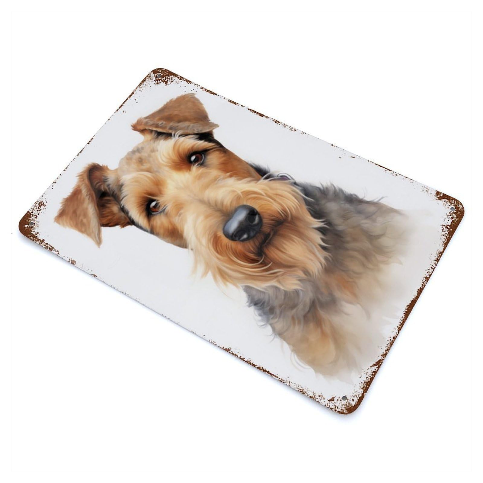 Weathered Tin Sign with Airedale Terrier Portrait Design 11.8"x7.9", for Garage, Bar And Workshop Decor, Decorative Metal Wall Art
