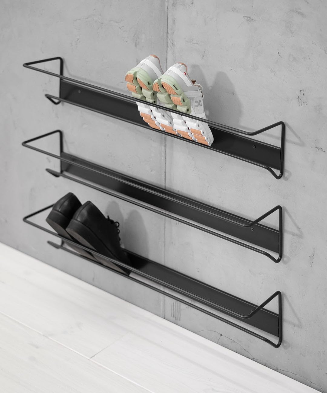 AJEETSARIYA FURNITURE Wall Mounted Shoe Rack (Set of 3) | Space Saving Metal Shoe Organizer | Vertical Entryway Storage | Minimalist Floating Shoe Shelf for Narrow Hallways, Closets & Doors (Black)