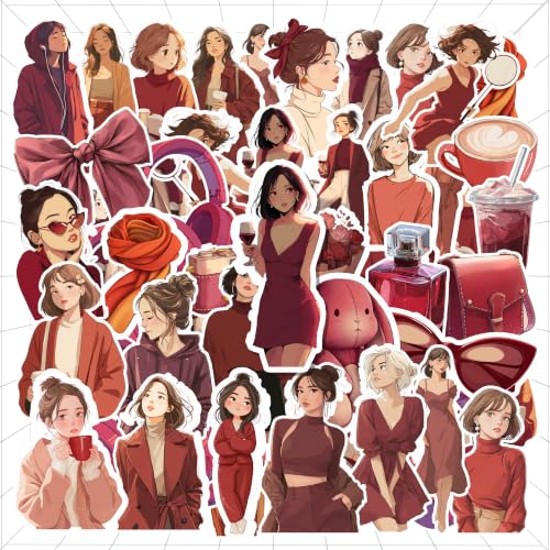 Image of Red Aesthetic Kawaii Girl Vinyl Stickers Pack of 33 | Waterproof Burgundy & Wine Red Cute Fashion Decals for Laptop, Water Bottle, Journal, Scrapbook, Phone Case | Self-Adhesive Sticker Pack