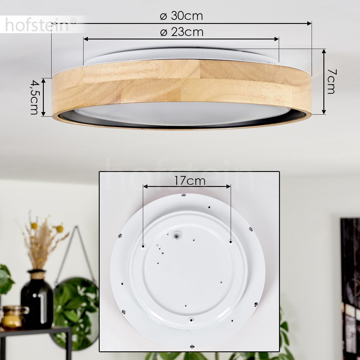Plafonnier LED Melstad, dimmable en bois/métal/plastique en naturel/blanc, dimmable par télécommande, 2700-6500 Kelvin, 1900 Kelvin, LED 18 Watt, (Ø 30cm), également pour salle de bains, IP44