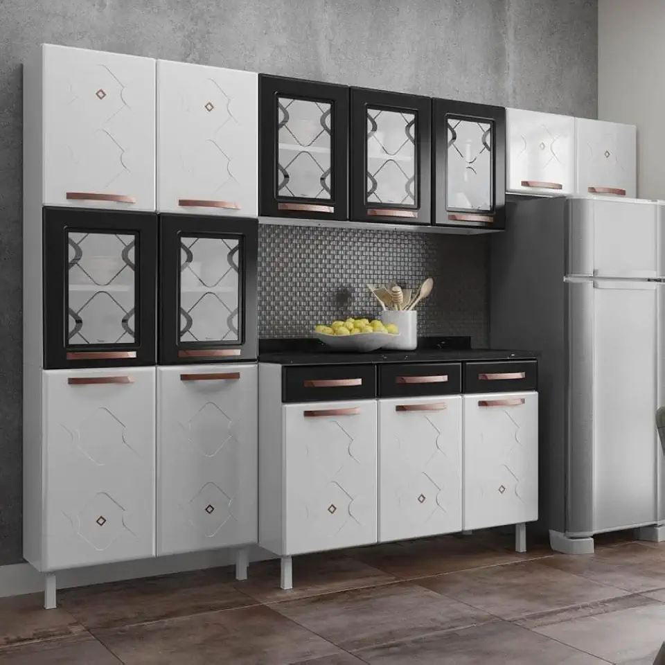 Cozinha Completa 14 Portas 2 Gavetas 5 Vidros Mirage New Telasul Preto