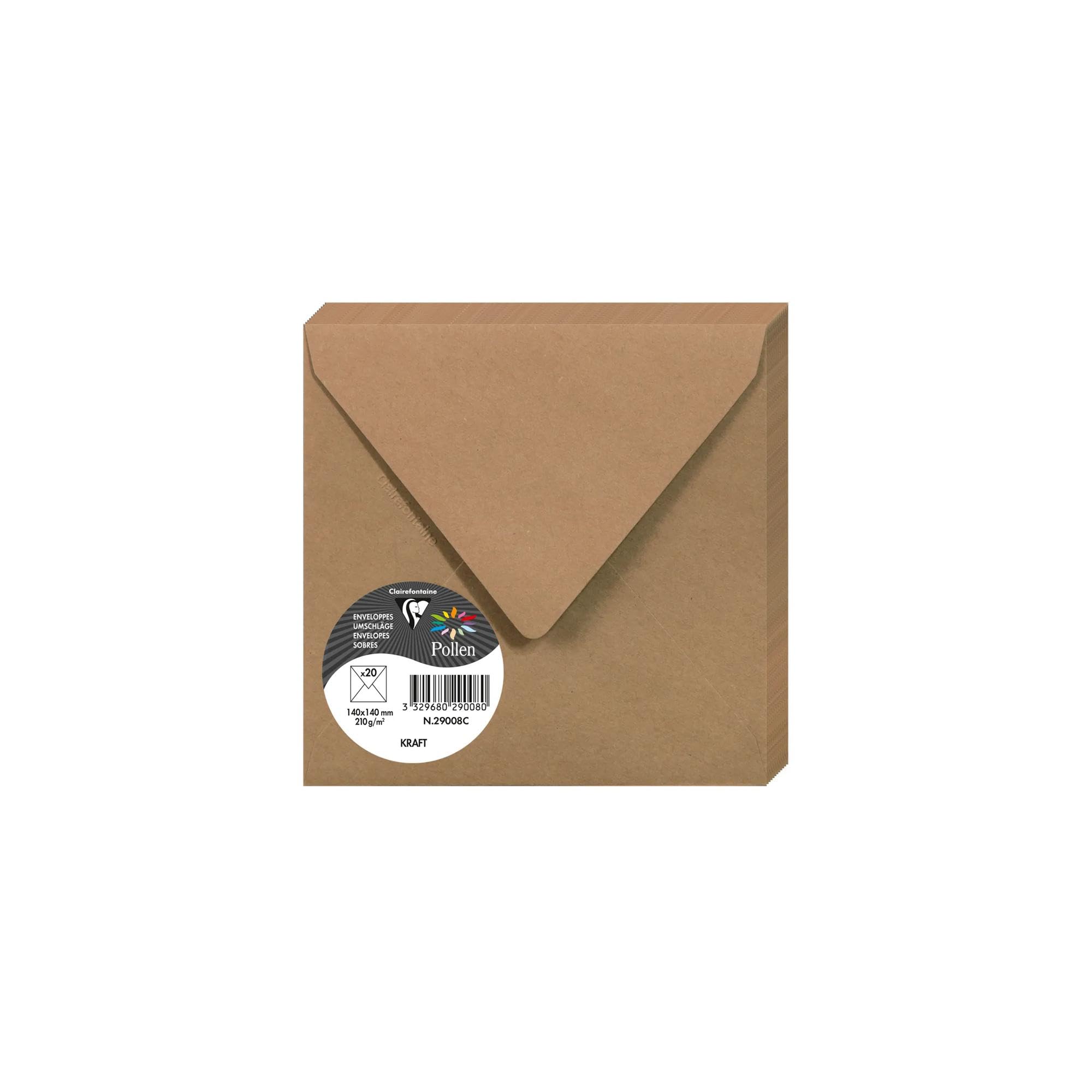 Clairefontaine 29008C Kraft Paper Pack of 20 Gummed Envelopes Square (14x14cm) 120gsm Kraft Colour Invitation Events Correspondence Pollen Range Premium