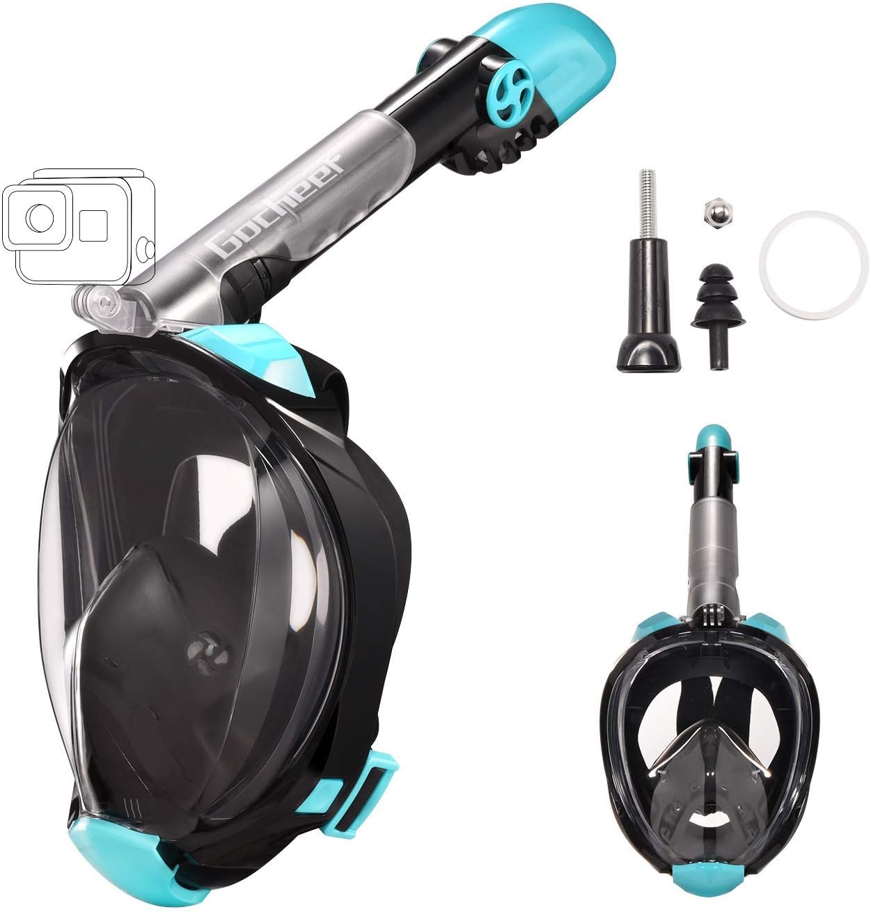 Gocheer Adult Swimming mask, Snorkel Mask Full Face with Adjustable Head Straps Foldable Underwater Breathing Device Anti-Leak Anti-Fog Dry Top Set