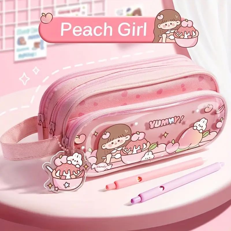 Image of Invite Canvas Large Capacity Transparent Cartoon Print Pencil Case 3 Compartment Cute Aesthetic Pencil Case for Girls Multifunctional Stationery Organizer for School Office (Peach Girl)