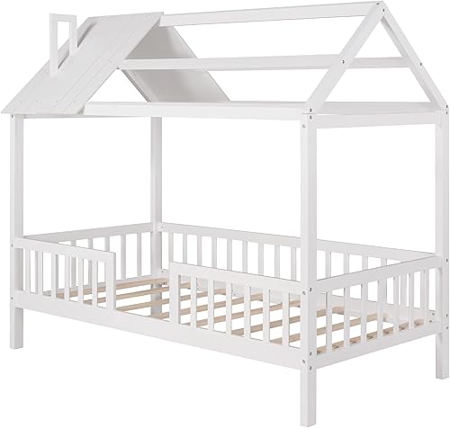 Miniatura 4 de MERITLINE Cama individual para niños, marco de cama de plataforma de madera con valla, camas Montessori con soporte de listones de madera, marco de