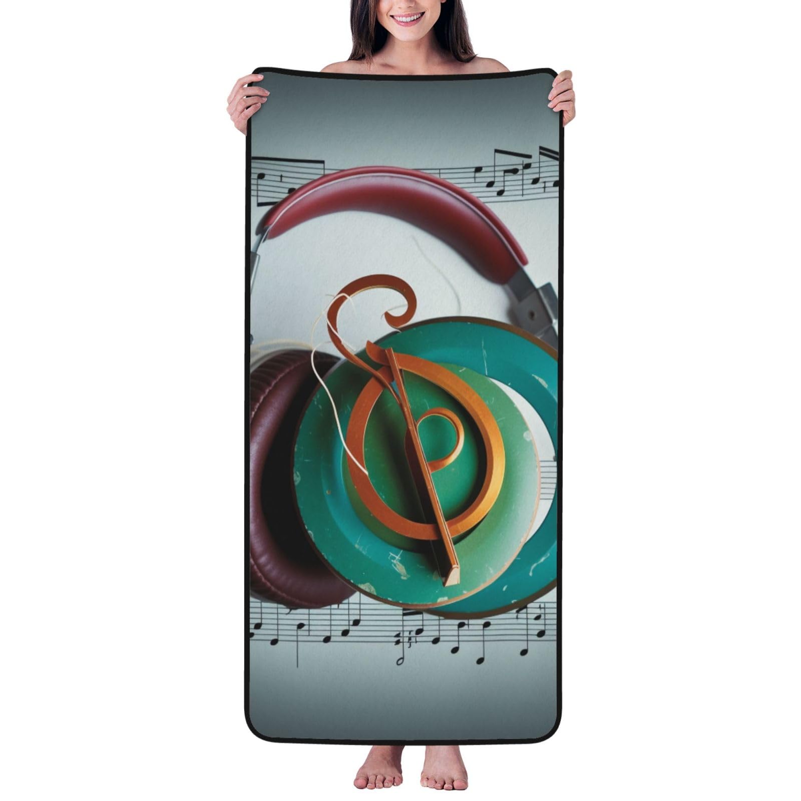 WPKJU Music Printed Bath Towel with Black Edging - 27x55 in Soft Extra Absorbent Coral Velvet Shower Towels for Bathroom