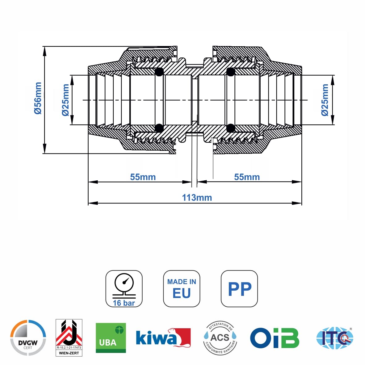 Connecteur pour tuyaux MDPE PP 25mm Adaptateur eau PE compression Raccord plomberie PN16 compatible PE80 PE100 2 pièces