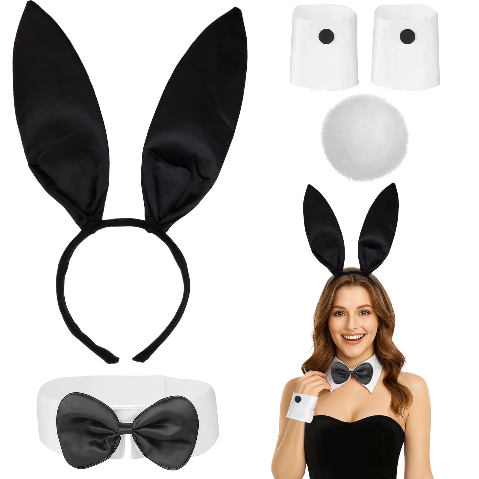 MUNSKT Bunny Costume Set,Bunny Ears and Tail Collar Bow Tie Cuffs,Easter Bunnys Costume Sets for Hen Party Halloween Cosplay Fancy Dress Accessories Set (Black)