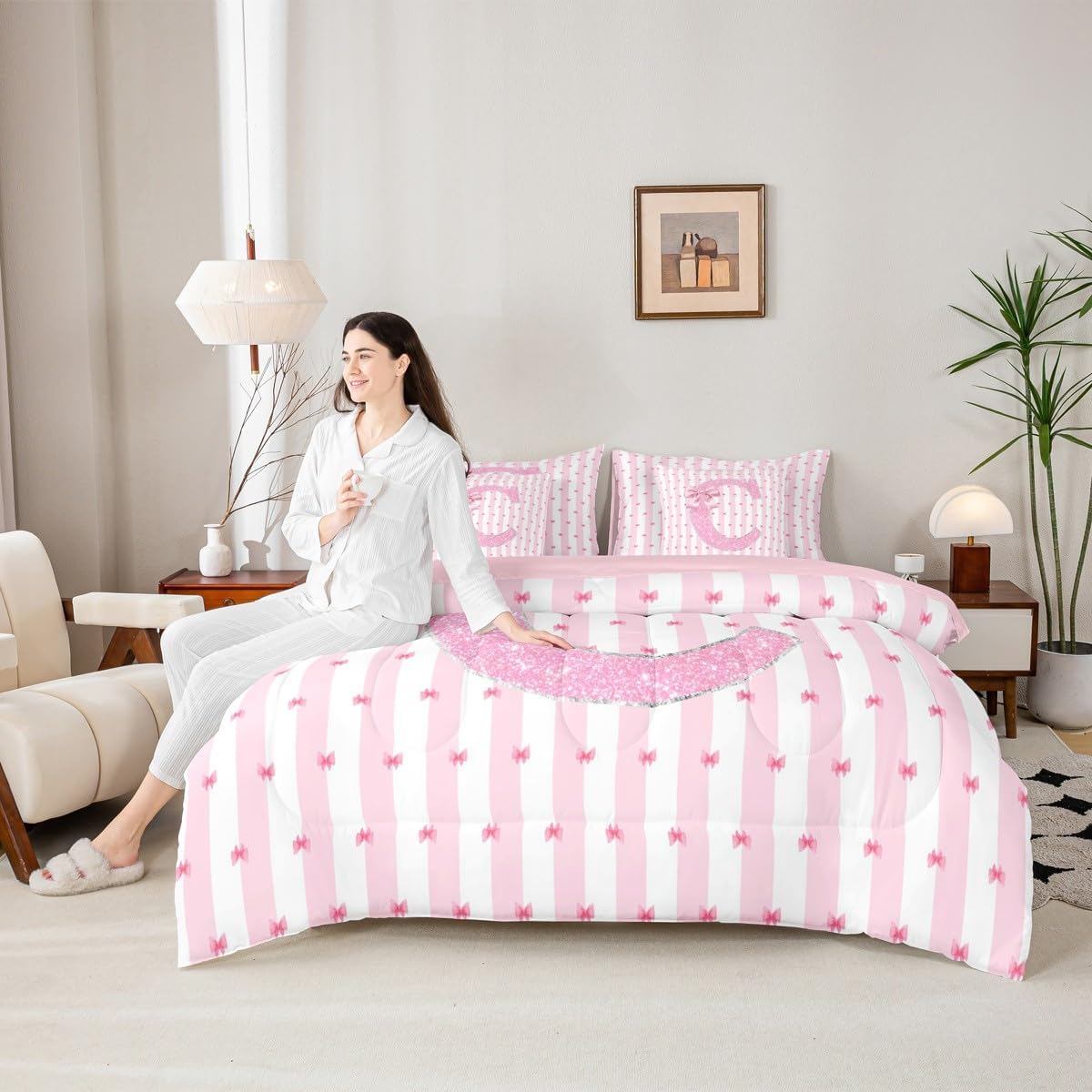 Erosebridal Pink Bowknot Bed in A Bag Monogrammed C Comforter Set with Sheets Twin Size for Kids Girls Teens Bowknot Kawaii 7 Piece Bedding Set Dreamy Princess Bed Sets - Image 6