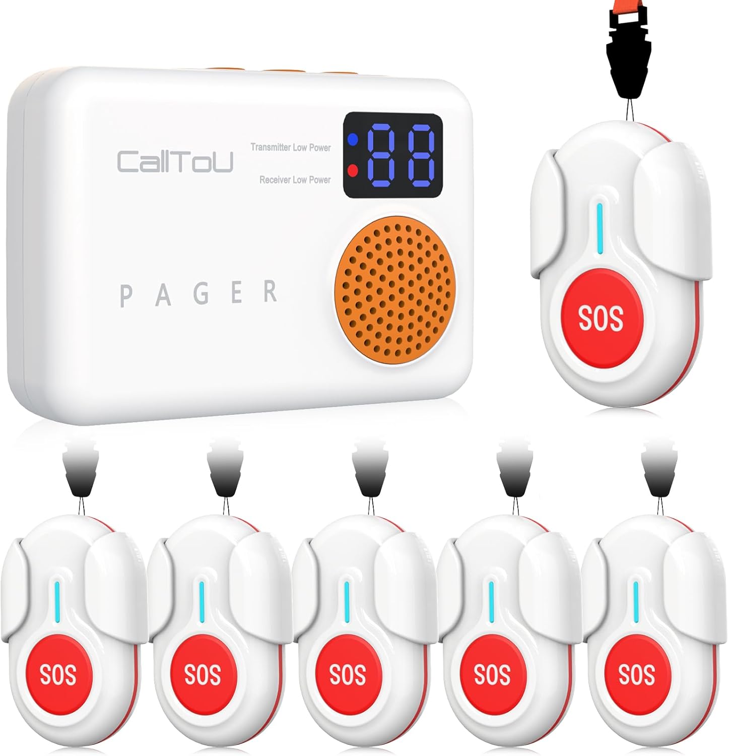 CallToU Caregiver Pager Wireless Call Button for Elderly Home Monitoring with Vibration Alerts and Low Power Reminder, Emergency Call Bell for Seniors/Patients,1 Portable Receiver 6 SOS Call Button