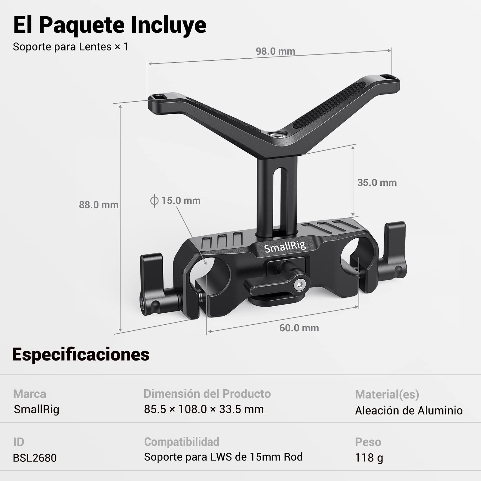 (Nueva VERSIÓN) SMALLRIG LWS 15mm Lens Support Soporte Lente Compatible con Lente de 50mm a 140mm de Diámetro para Lente Larga - BSL2680