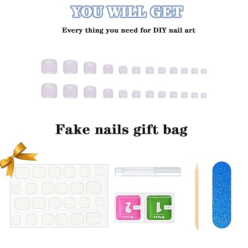 Miniatura 5 de Uñas cortas a presión, uñas blancas a presión, uñas postizas con purpurina en polvo, manicura de verano, uñas falsas para uñas de los pies, uñas