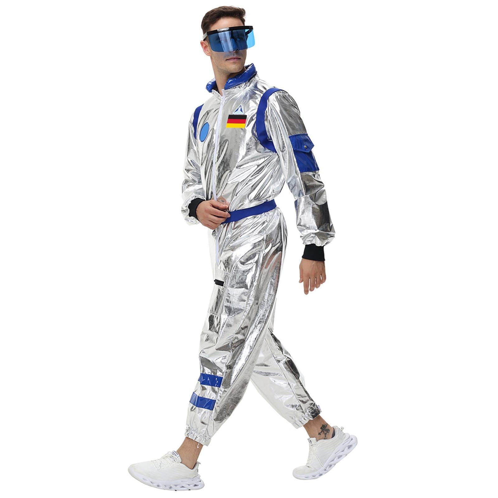 Astronauten Kostüm Erwachsene Astronaut Herren Frauen Faschingskostüme Damen Overall Space Weltall Astronautenkostüm für Spaceman Raumfahrer Costume silberner Raumanzug Piloten Cosplay Party