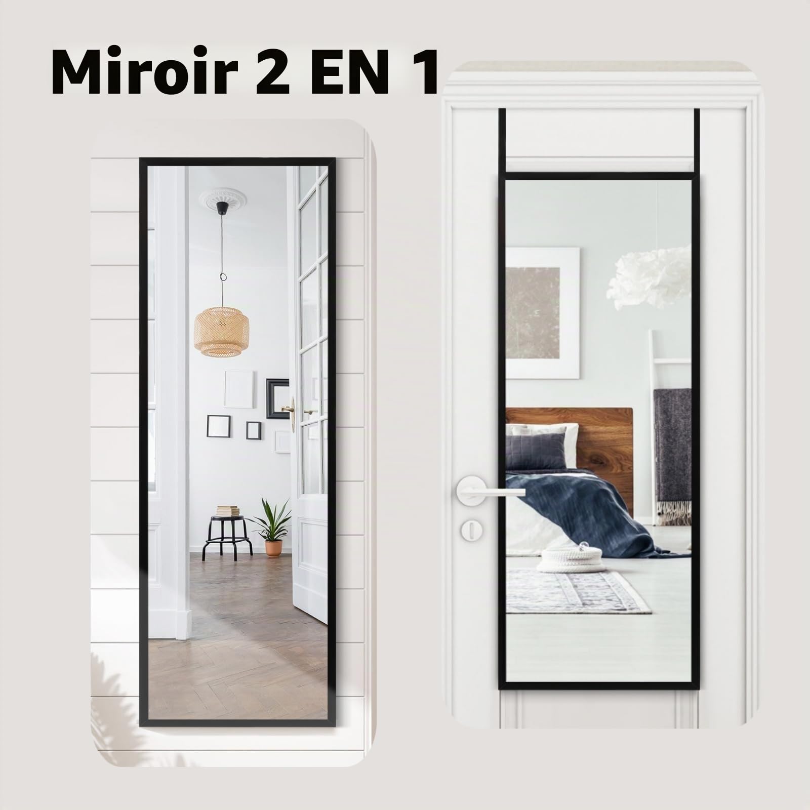 LIFEZEAL Miroir Mural Long, Miroir Suspendu Porte avec Crochet Réglable en Hauteur, Miroir Rectangulaire, 107,4 x 36,5 cm, pour Salon,Chambre à Coucher, Salle de Bain, Moderne (Noir)