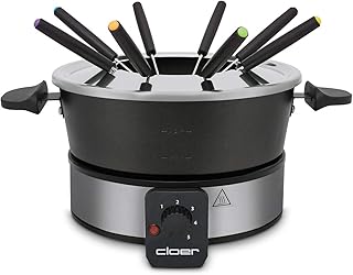 Cloer 6679 Fondue dla 8 osób, powlekana doniczka aluminiowa, w zestawie ochrona przed pryskaniem, 8 kolorowych widelców o pojemności 1,5 litra, 1000 W, kolor srebrny, czarny