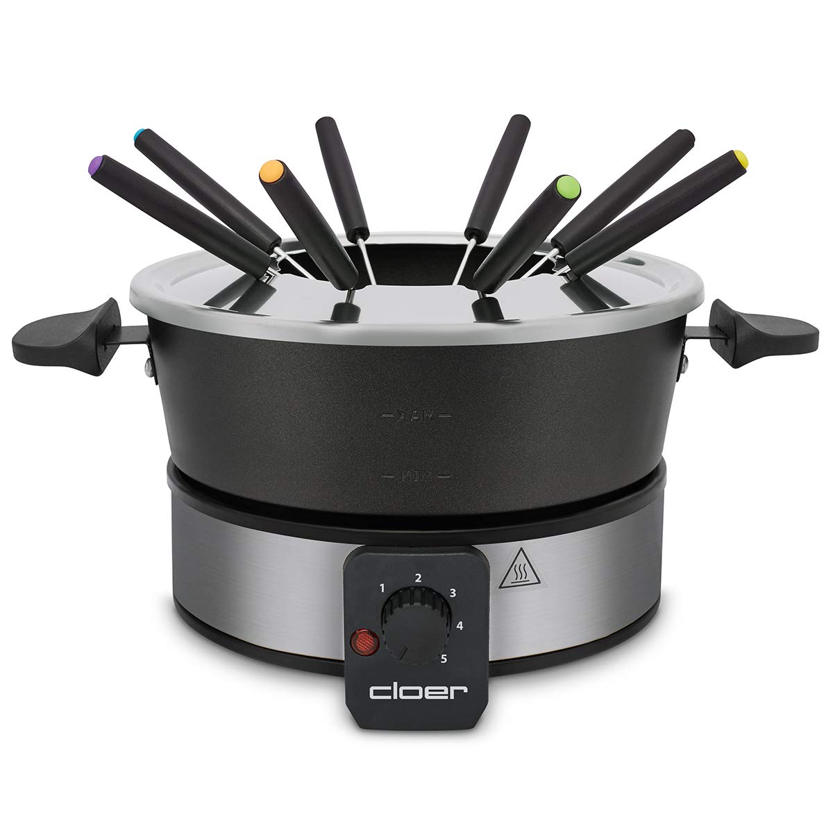 Cloer 6679 Fondues électriques jusqu'à 8 personnes, pot en aluminium revêtu, protection anti-éclaboussures amovible, 8 fourchettes colorées, 1.5 litres, 1000 W, argent, noir