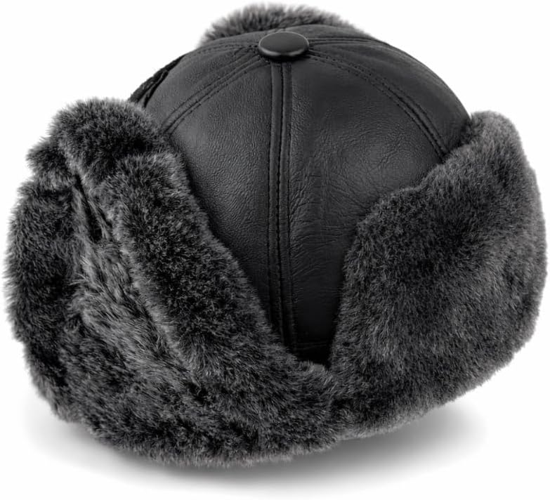 Leather Aviator Russian Ushanka Trapper Shearling Sheepskin Fur Ear Flap Waterproof Winter Hat