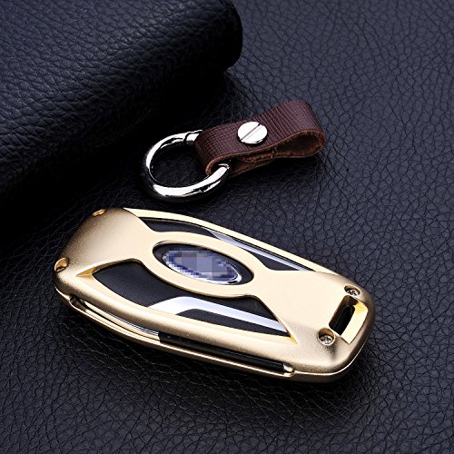M.jvisun Car Key Fob Cover For Ford Edge Explorer F-150 F-450 F-550 Fusion Mondeo Mustang Taurus Smart Remote Key Case Skin Protector, Aircraft Aluminum + Genuine Leather Keychain - Black #TOP5