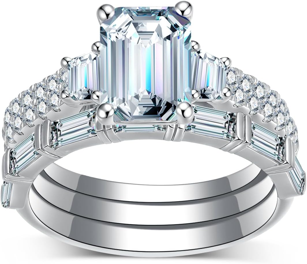 Emerald-Cut Moissanite Wedding Ring Set for Women, 925 Sterling Silver 1 CT Moissanite Engagement Ring Wedding Pave Band 3 PCS Bridal Ring Sets Jewelry Gifts for Her Size 4-12
