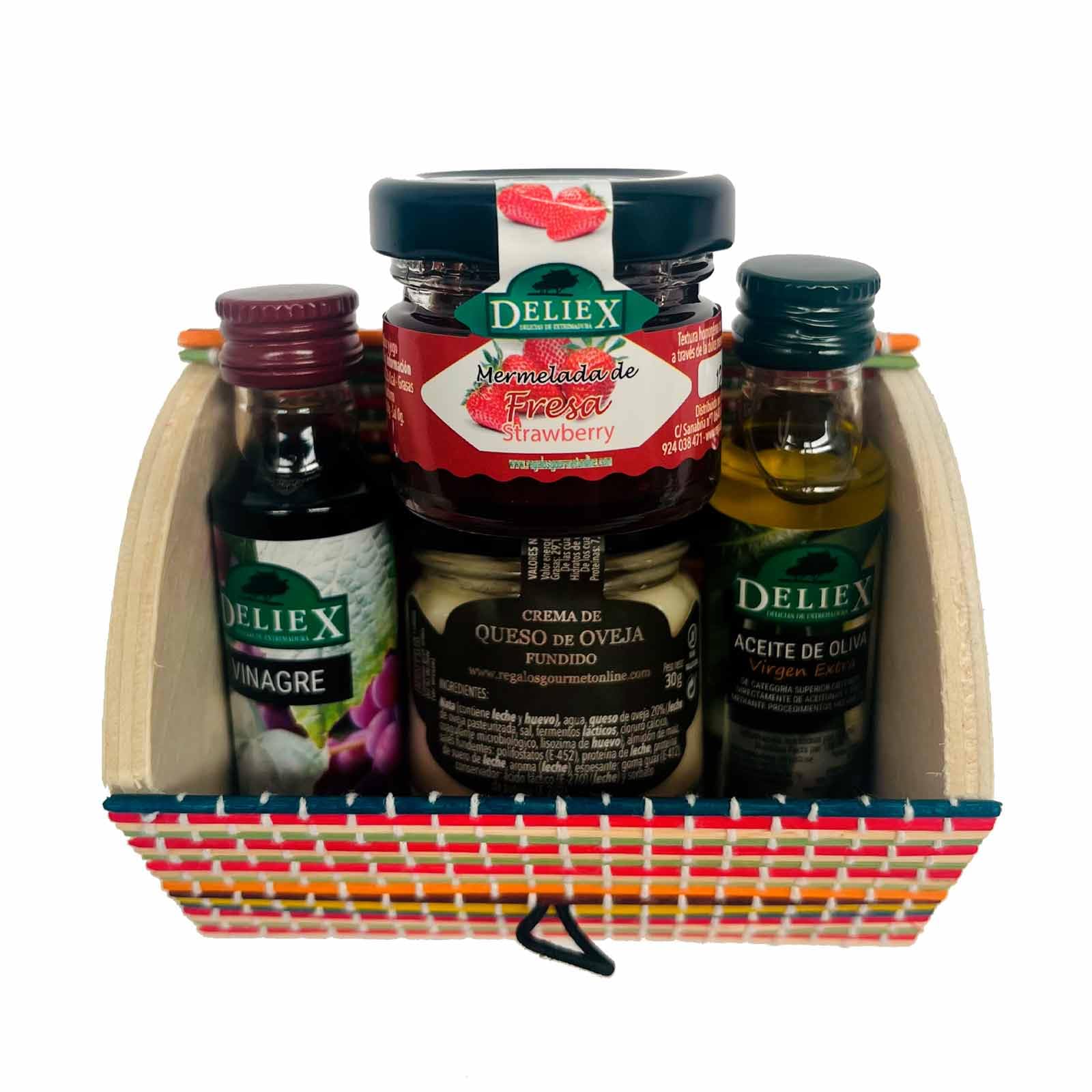 Baúl de madera multicolor con productos gourmet, miniaturas de aceite, vinagre, mermelada de fresa y queso oveja y vaca (Pack 24 ud). Regálalo a los invitados de tus eventos.
