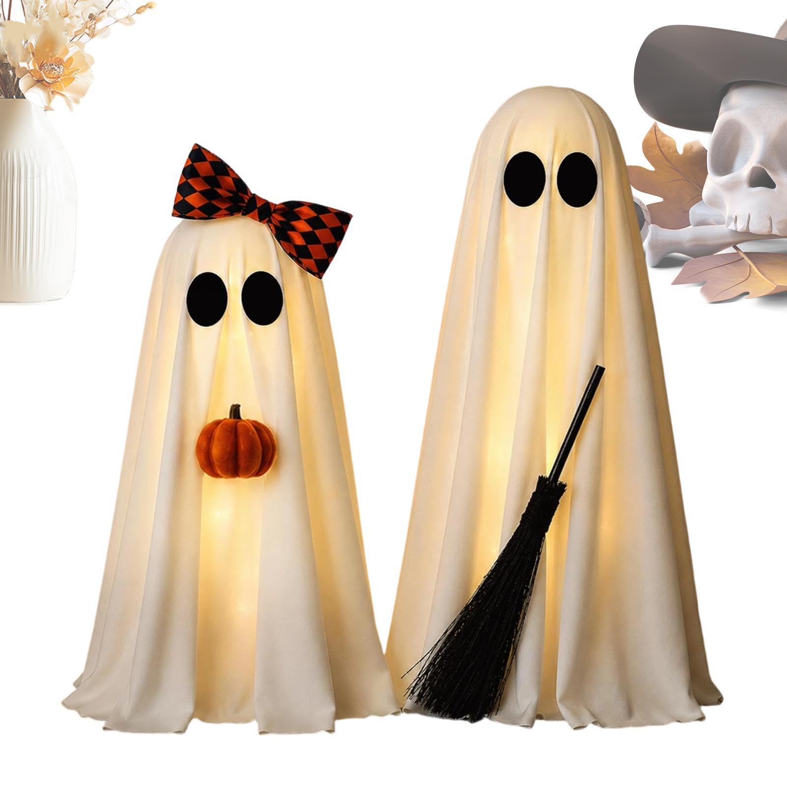 Halloweenowy duch Urocze Figurki Duchów Ze Światłem LED | dwuczęściowe straszne ozdoby na biurko na Halloween Do Wnętrz i na Zewnątrz Łazienka Kuchnia Biuro Kominek Ganek