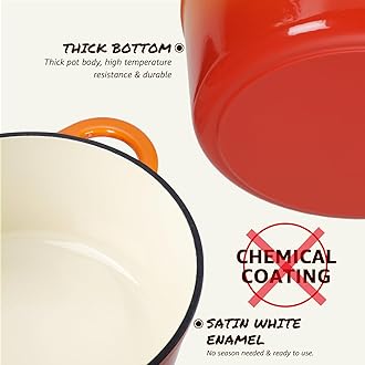 Overmont 6.6L Enamelled Cast Iron Round Casserole Pot With Lid Cookbook & Cotton Potholders - Non-stick Dutch Oven Cookware for Braising, Stews, Roasting, Bread Baking - Orange, 28cm