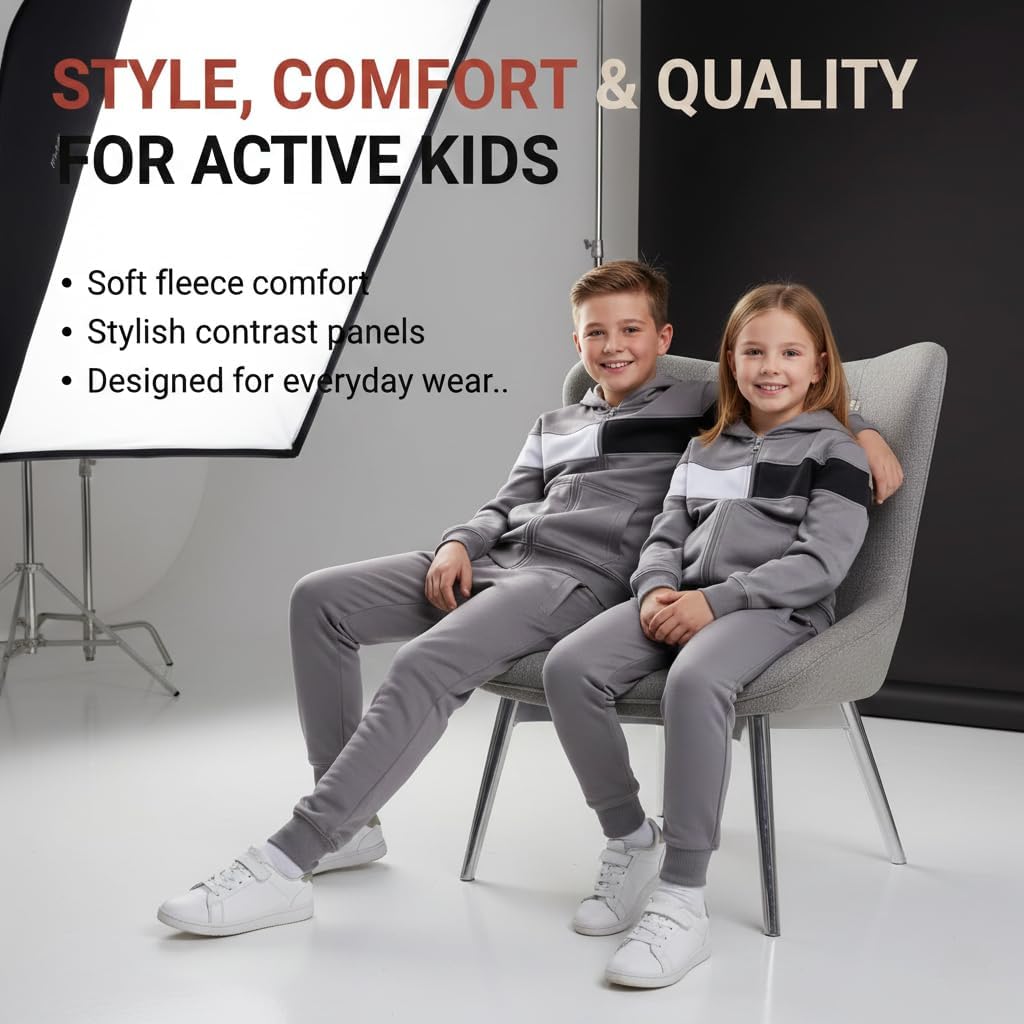 A2Z 4 Kids Girls Boys Unisex Tracksuit Designer's Contrast Panelled Fleece - T.SPlain 106 Steel Grey 13