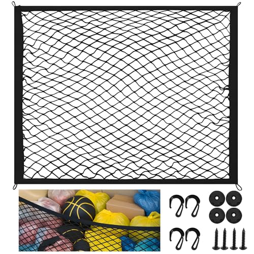 80 x 60cm Cargo Storage Net with 4 Hooks, Adjustable Elastic Car Boot Mesh, Single-Layer Luggage Fixed Organizer, Baggage Protection Organiser for Universal Car, Trunk, Vehicle, Van, SUV (Black)