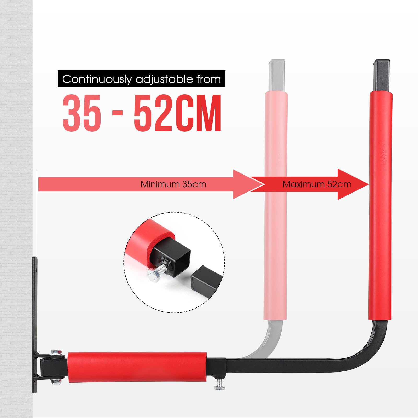 SWAWIS 1 Coppia Supporti da Parete per Box Tetto in Acciaio, con Schiuma Anti-Graffio, Regolabile 33-57 cm, Portata Massima 50 kg, per Riporre Tavole da Surf, Paddle, Utensili da Giardino(Rosso)