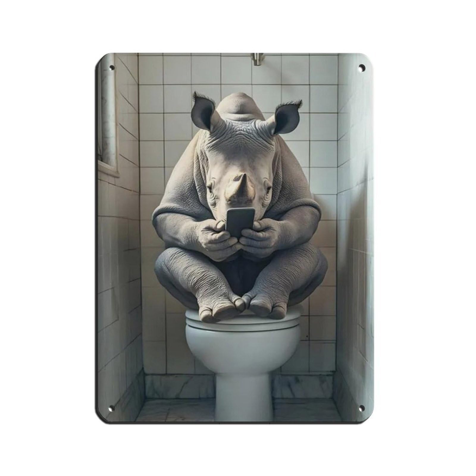 Lxwnze 30L X 40W Cm Rhino Sitting On The Toilet Watching Phone Retro Poster Metal Tin Sign Chic Art Retro Iron Painting Bar People Cave Cafe Family Garage Poster Wall Decoration 12X16inch(30X40cm)