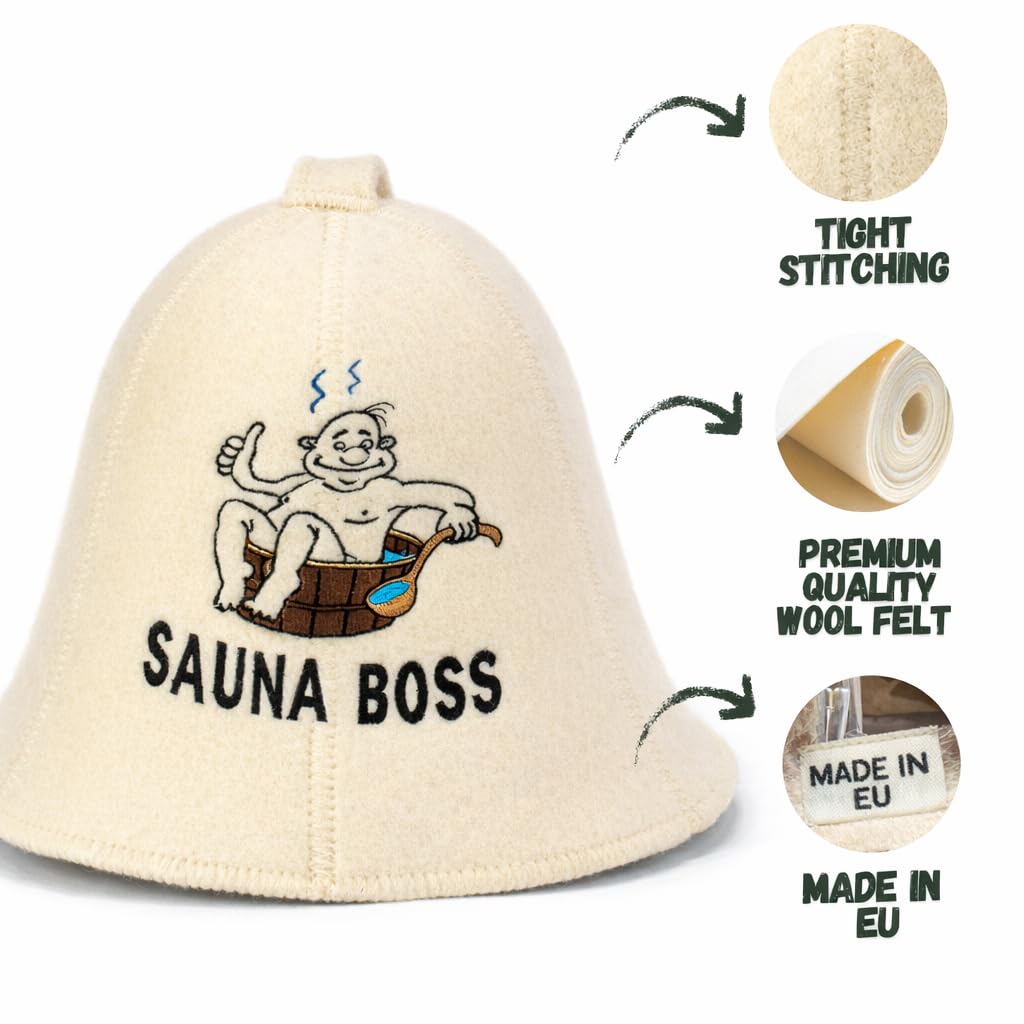 Saunahut 'Sauna Boss Bucket' White - 100% organische Wollfilzmützen - Schützen Sie Ihren Kopf vor Hitze - Englische Sauna E-Book Handbuch inklusiv - mit Stickerei