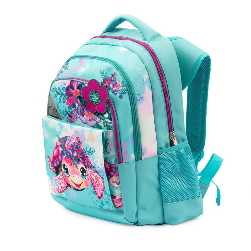 Go Pop - Zaino Modello Turtle Bloom, 3 Scomparti,Tasche Interne E Laterali Porta Borraccia, Schienale E Spallacci Imbottiti, Con Fascia Personalizzata E Pop Up, Lt 24, Dim 32x44x19,Scuola Elementare