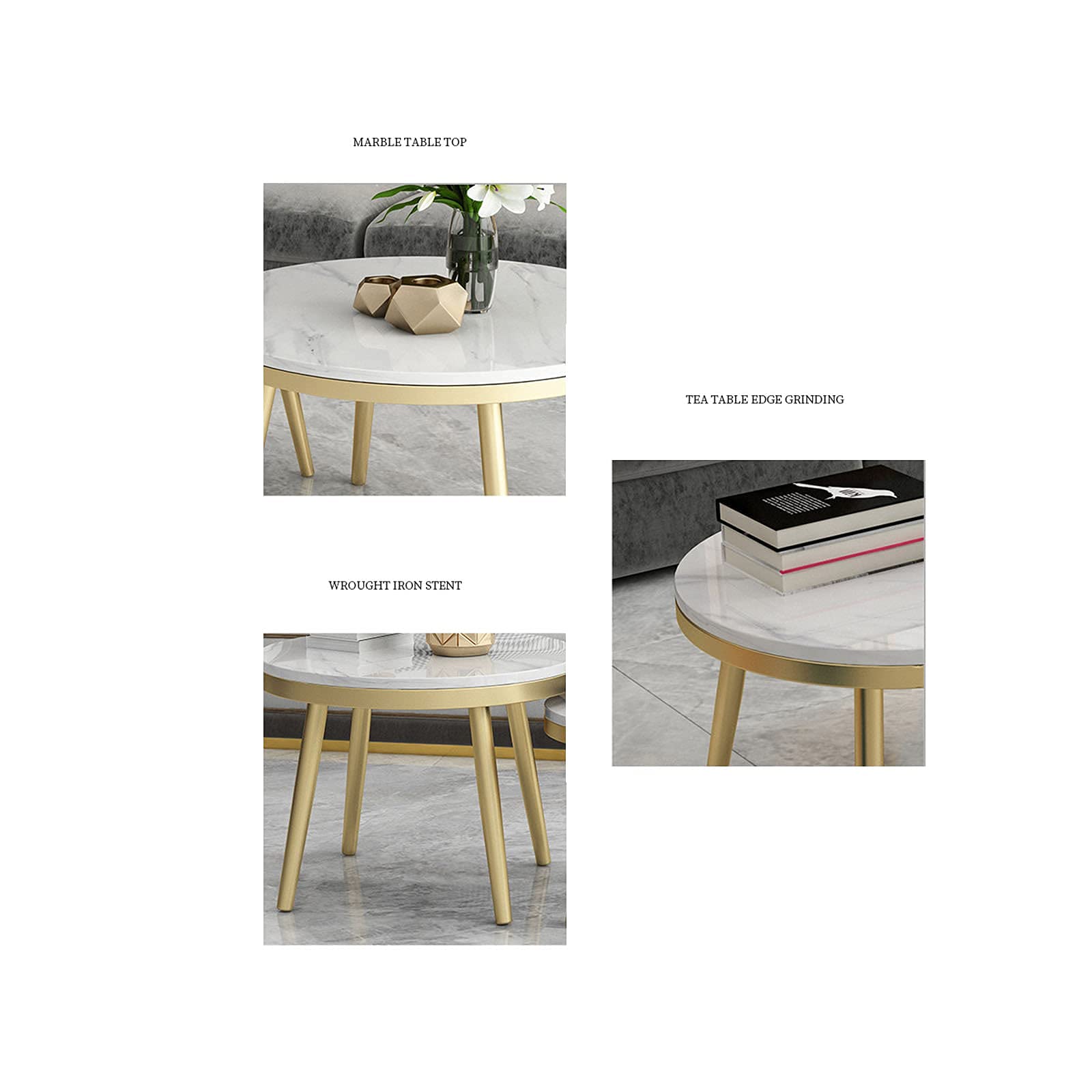 Marmor-Rundtisch, moderner Akzent-Couchtisch, Wohnzimmer-Ausstellungs-Beistelltisch, Sofa-Seiten-Ausstellungstisch, Eckregal, Schlafzimmer-Nachttisch – weiße Tischplatte, weiß, 45 x 45 x 38 cm + 60 x
